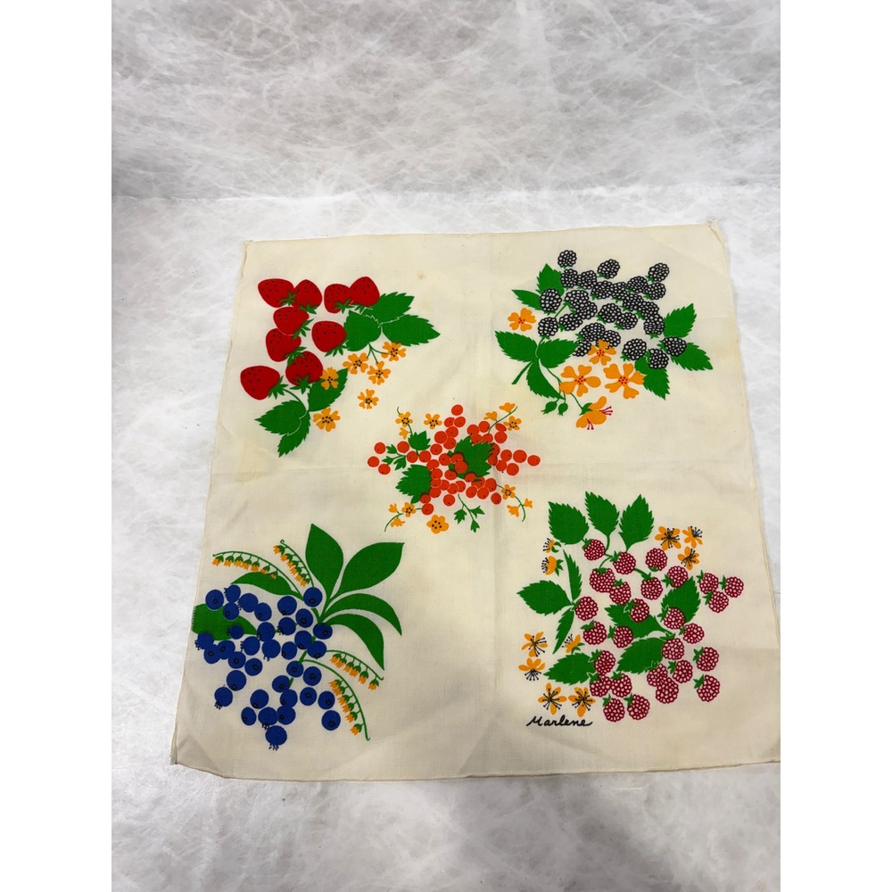 Vintage Marlene Signed Handkerchief Berry Botanical Print Cotton Scarf Cream